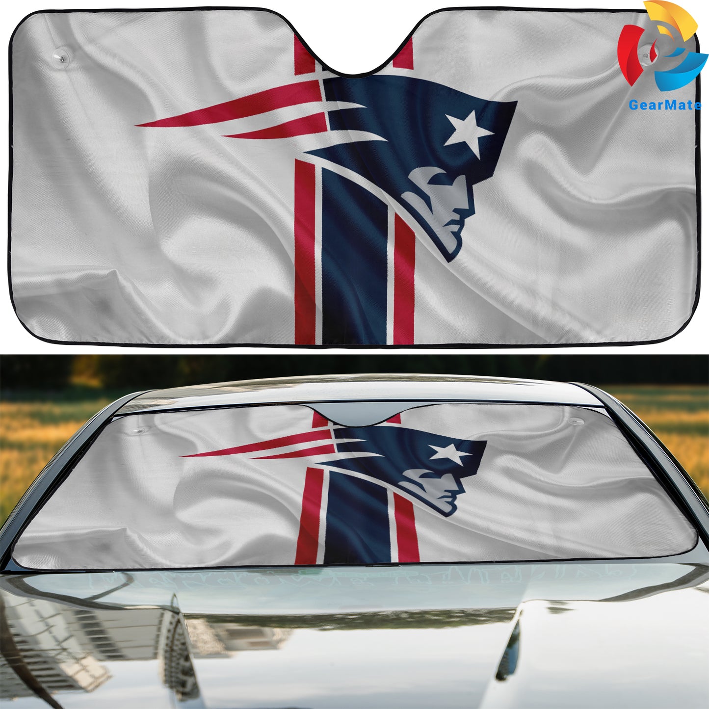 New England Patriots NFL Football Windy Flag Car Cover Reflective Car Sunshade – Premium Heat & UV Protection, Universal Fit