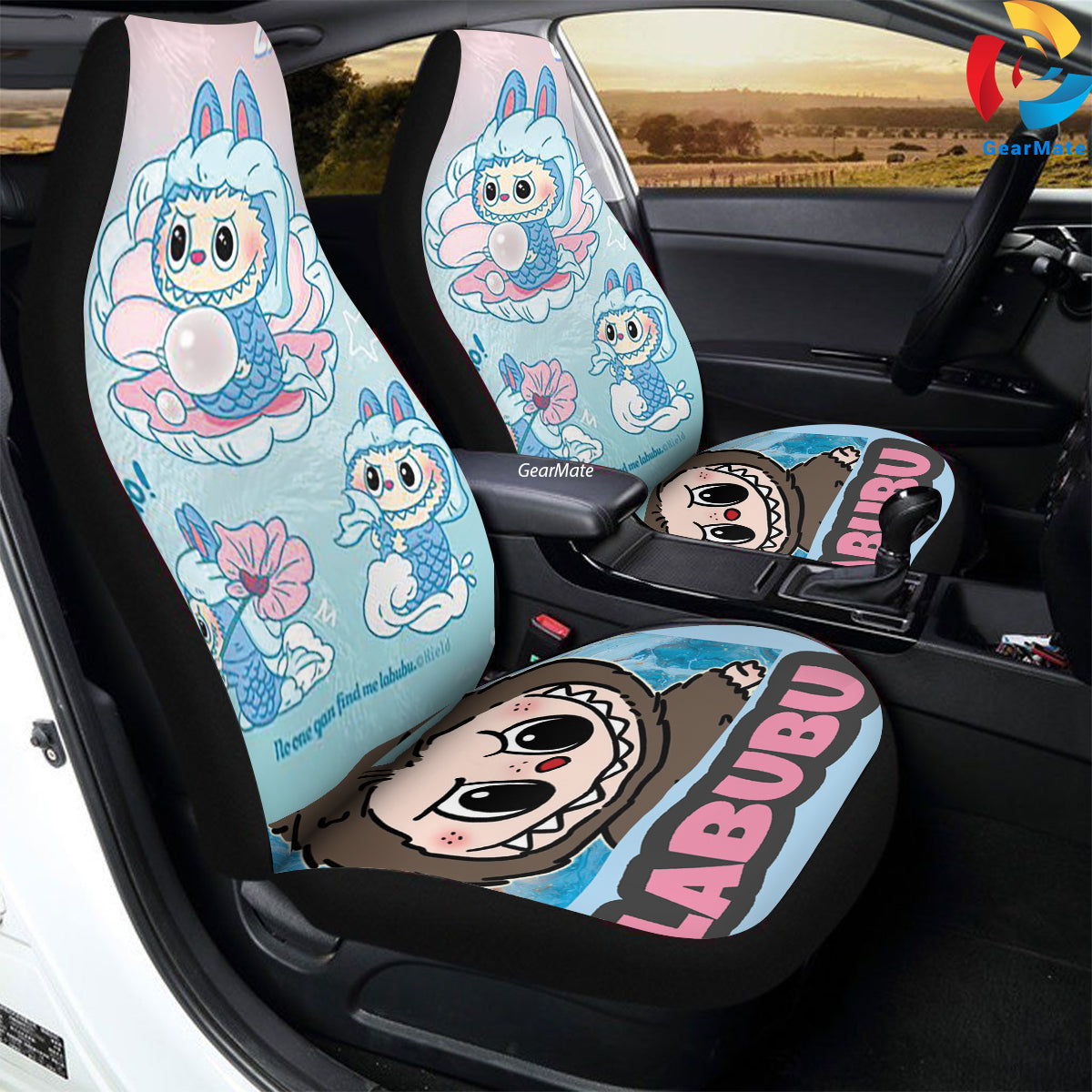 Cute Labubu Blue Car Seat Covers – High Quality Graphic and Polar Fleece Protector Set