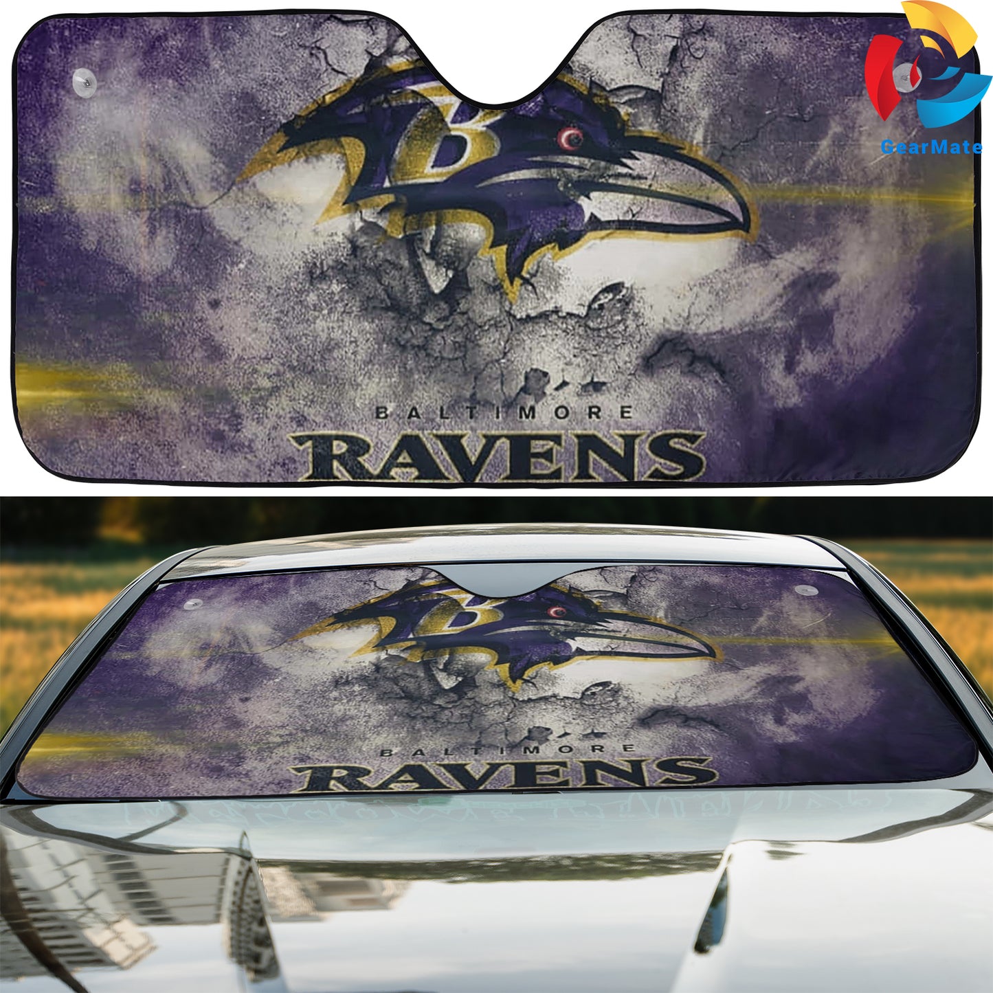 Baltimore Ravens NFL Team Background Reflective Car Sunshade – Premium Heat & UV Protection, Universal Fit