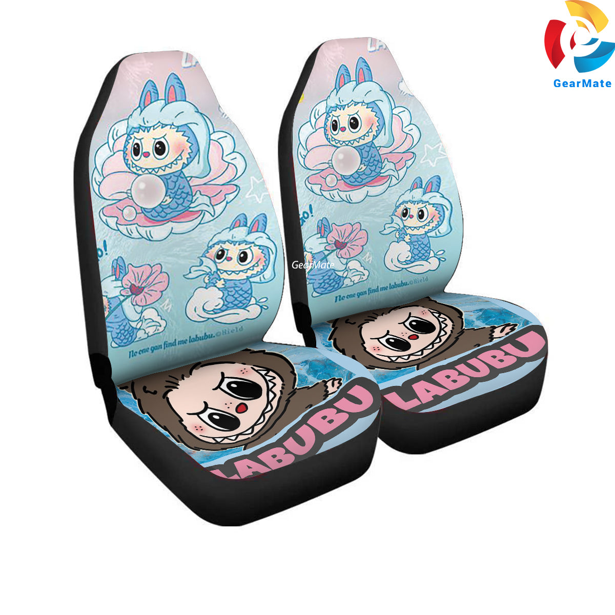 Cute Labubu Blue Car Seat Covers – High Quality Graphic and Polar Fleece Protector Set