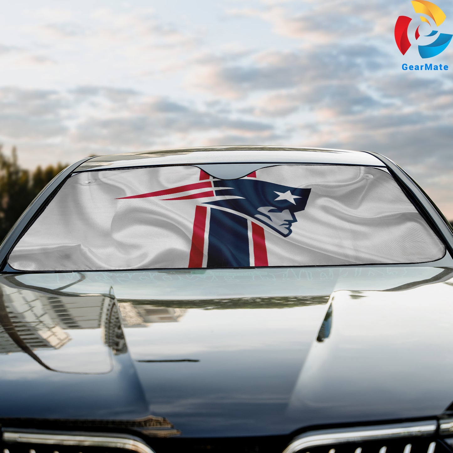 New England Patriots NFL Football Windy Flag Car Cover Reflective Car Sunshade – Premium Heat & UV Protection, Universal Fit