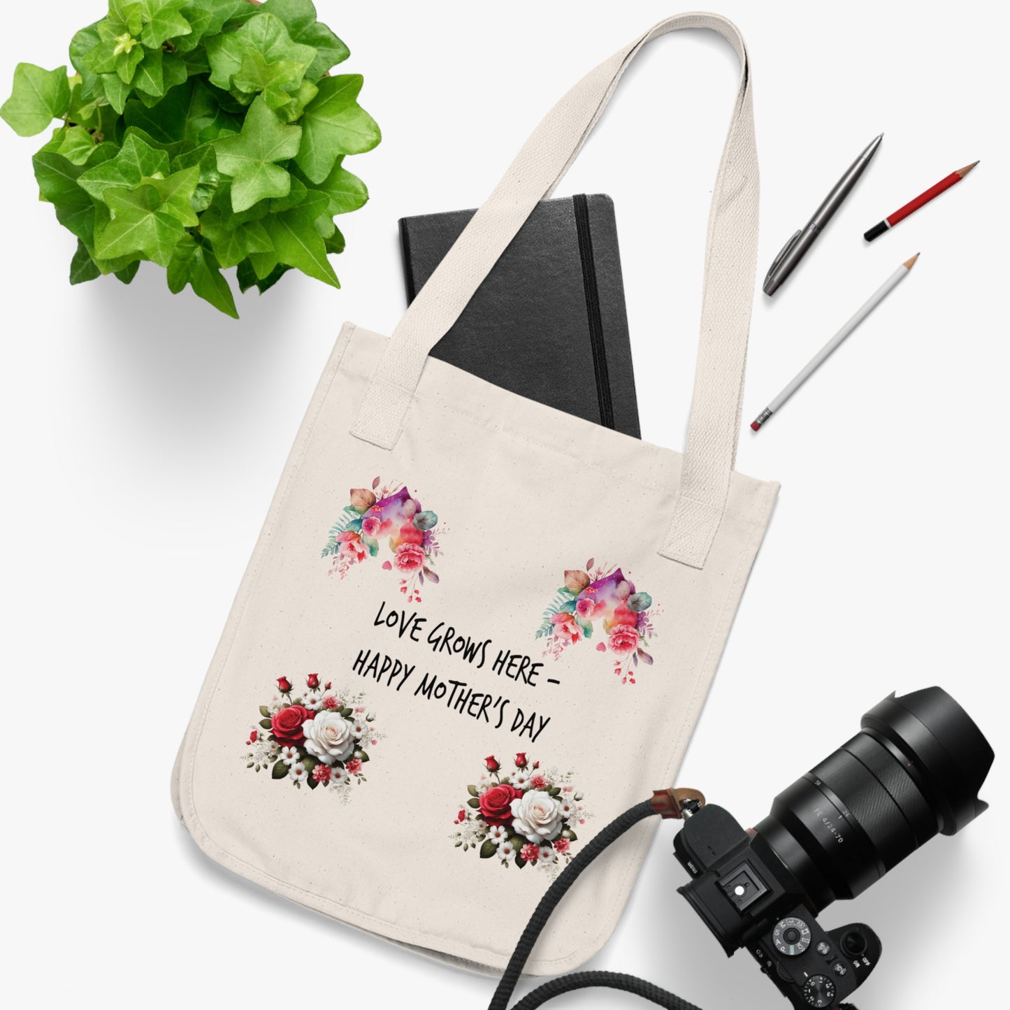Flowers Floral Love Grows Here – Happy Mother’s Day Organic Canvas Tote Bag - Eco-Friendly Carryall for Everyday Use