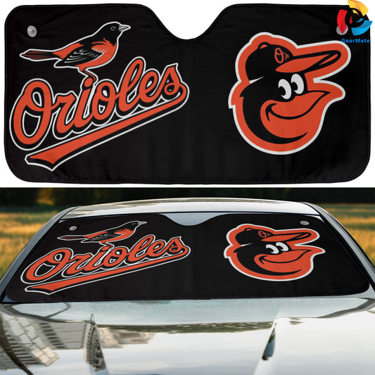 Baltimore Orioles Black Background Reflective Car Sunshade – Premium Heat & UV Protection, Universal Fit