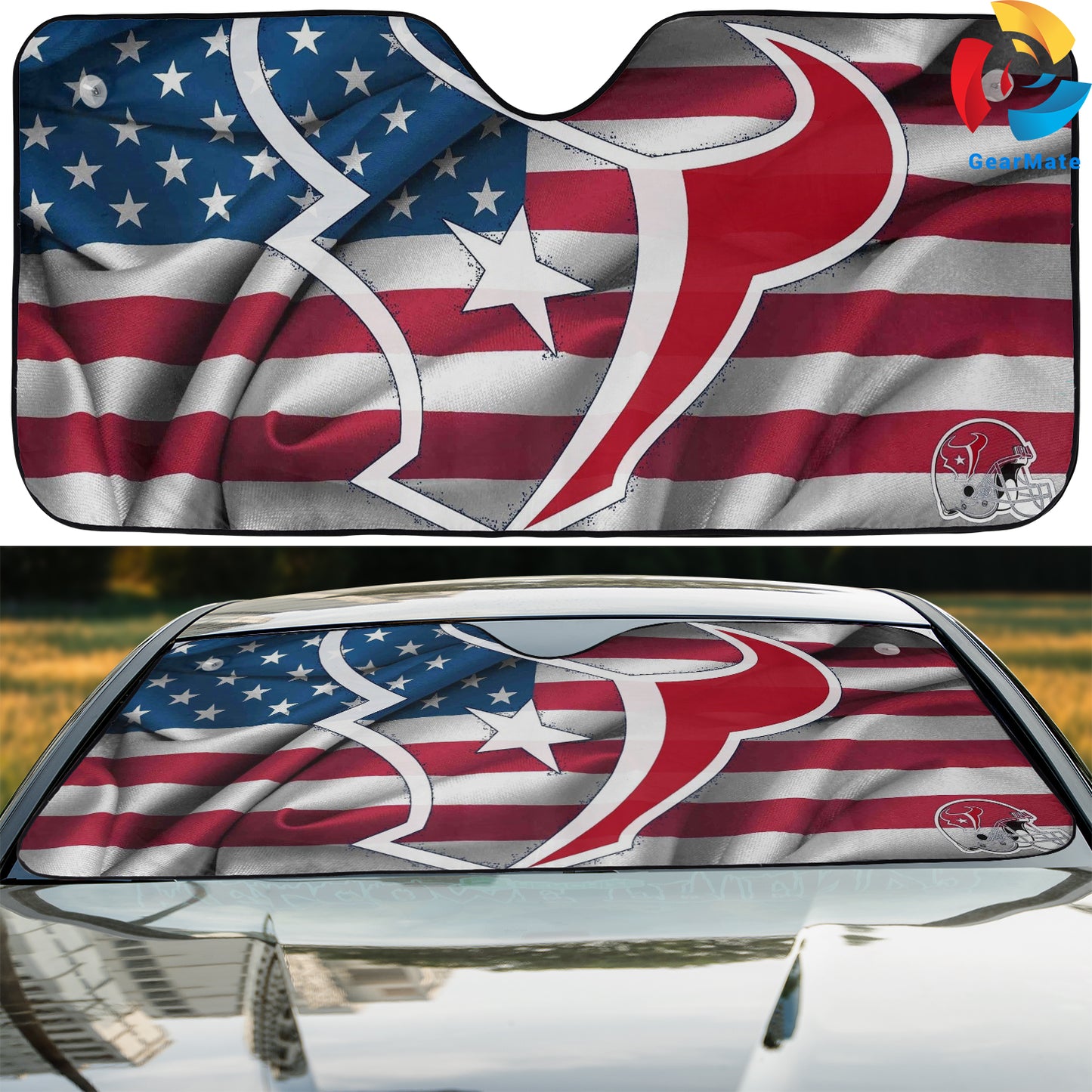 Houston Texans NFL Football American Flag Reflective Car Sunshade – Premium Heat & UV Protection, Universal Fit