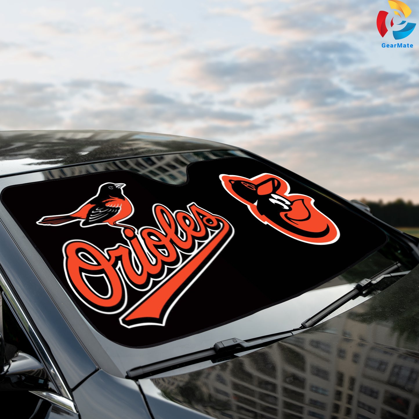 Baltimore Orioles Black Background Reflective Car Sunshade – Premium Heat & UV Protection, Universal Fit