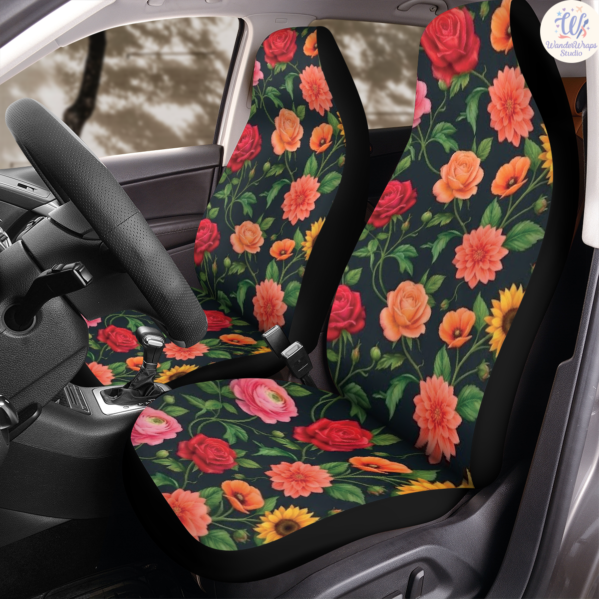 Dark Botanical Floral Car Seat Covers – High Quality Graphic and Polar Fleece Protector Set