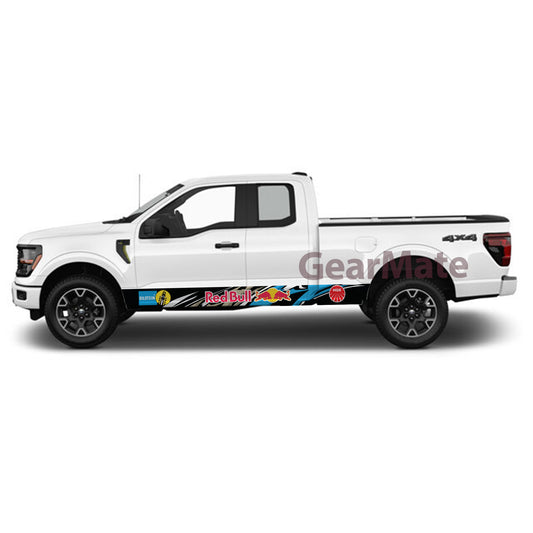 Racing Blue Red Bull Rocker Panel Graphic Decal Kit (Left & Right Sides) - High Quality Vinyl for Trucks & SUVs