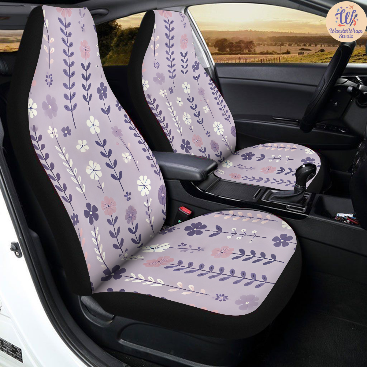 Purple Flowers Car Seat Covers – High Quality Graphic and Polar Fleece Protector Set