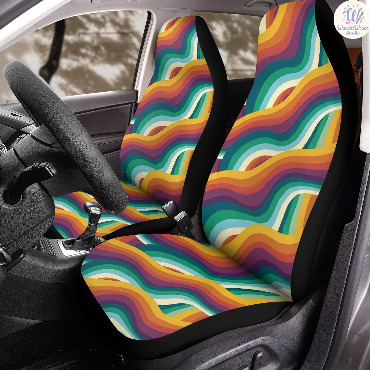 Retro Curved Rainbow Stripes Car Seat Covers – High Quality Graphic and Polar Fleece Protector Set