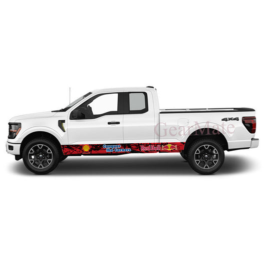Conquer the Corners Red Bull Rocker Panel Graphic Decal Kit (Left & Right Sides) - High Quality Vinyl for Trucks & SUVs