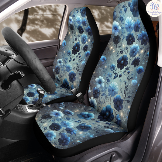 Dark Blue Flowers Car Seat Covers – High Quality Graphic and Polar Fleece Protector Set