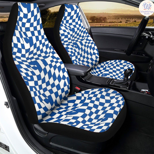 Blue Checkered Board Car Seat Covers – High Quality Graphic and Polar Fleece Protector Set