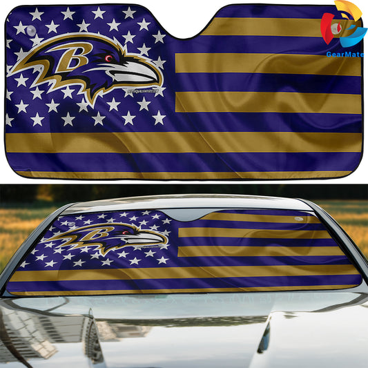 Baltimore Ravens NFL Football American Flag Reflective Car Sunshade – Premium Heat & UV Protection, Universal Fit