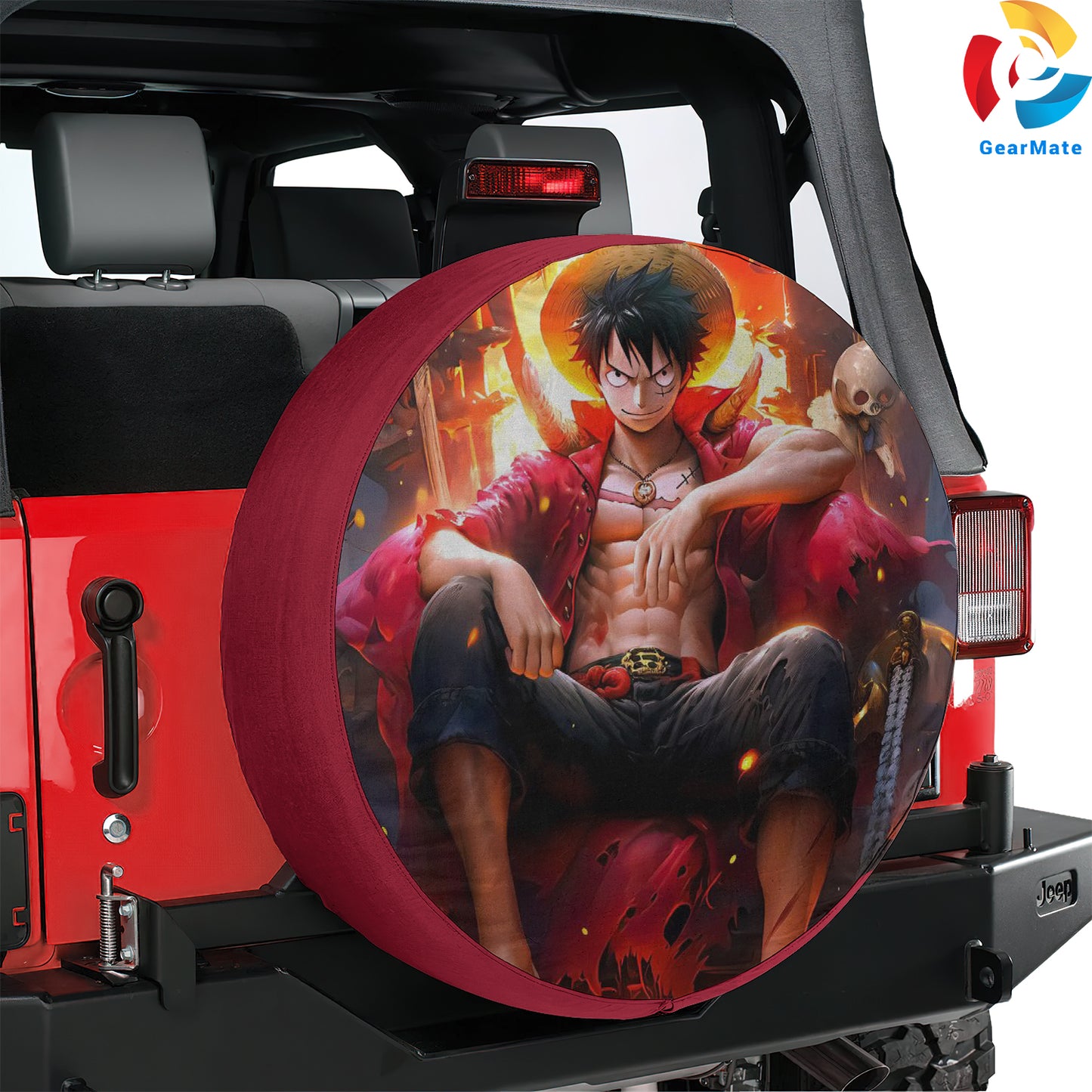 One Piece Monkey D Luffy Never Give Up Spare Tire Cover – Premium Waterproof UV-Resistant Protector