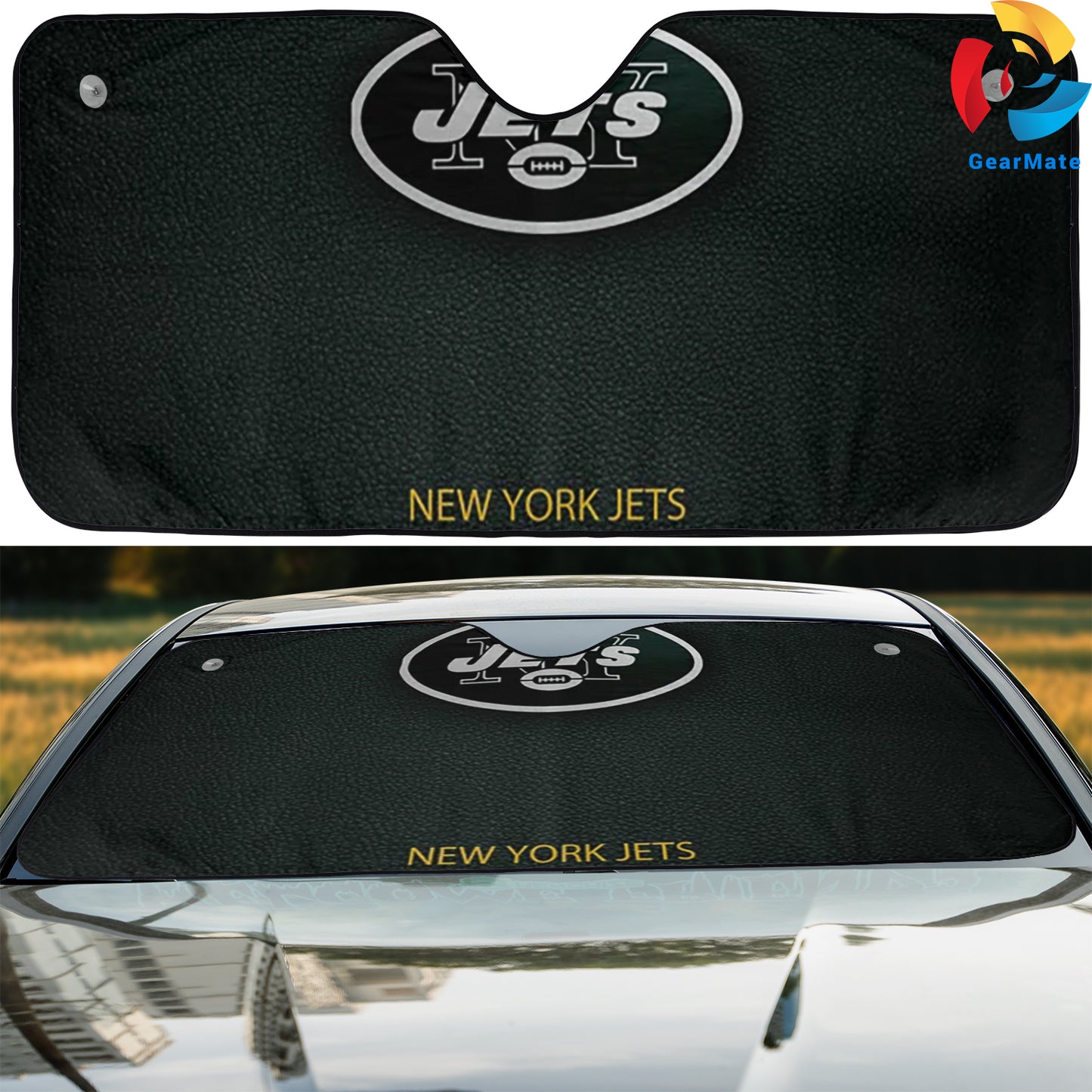 New York Jets NFL Football Game Leather Style Car Cover Reflective Car Sunshade – Premium Heat & UV Protection, Universal Fit