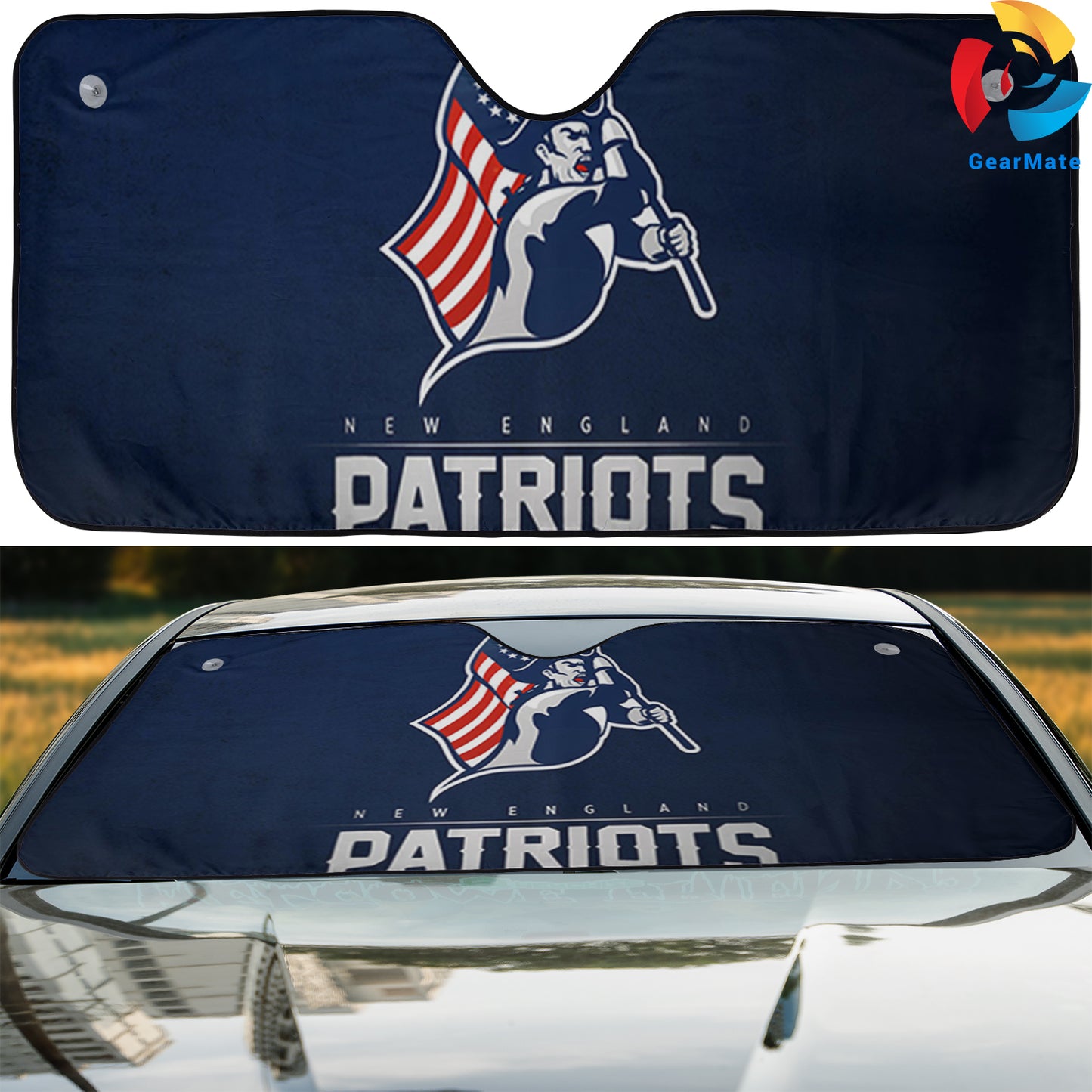 New England Patriots NFL Football Solid Blue Car Cover Reflective Car Sunshade – Premium Heat & UV Protection, Universal Fit