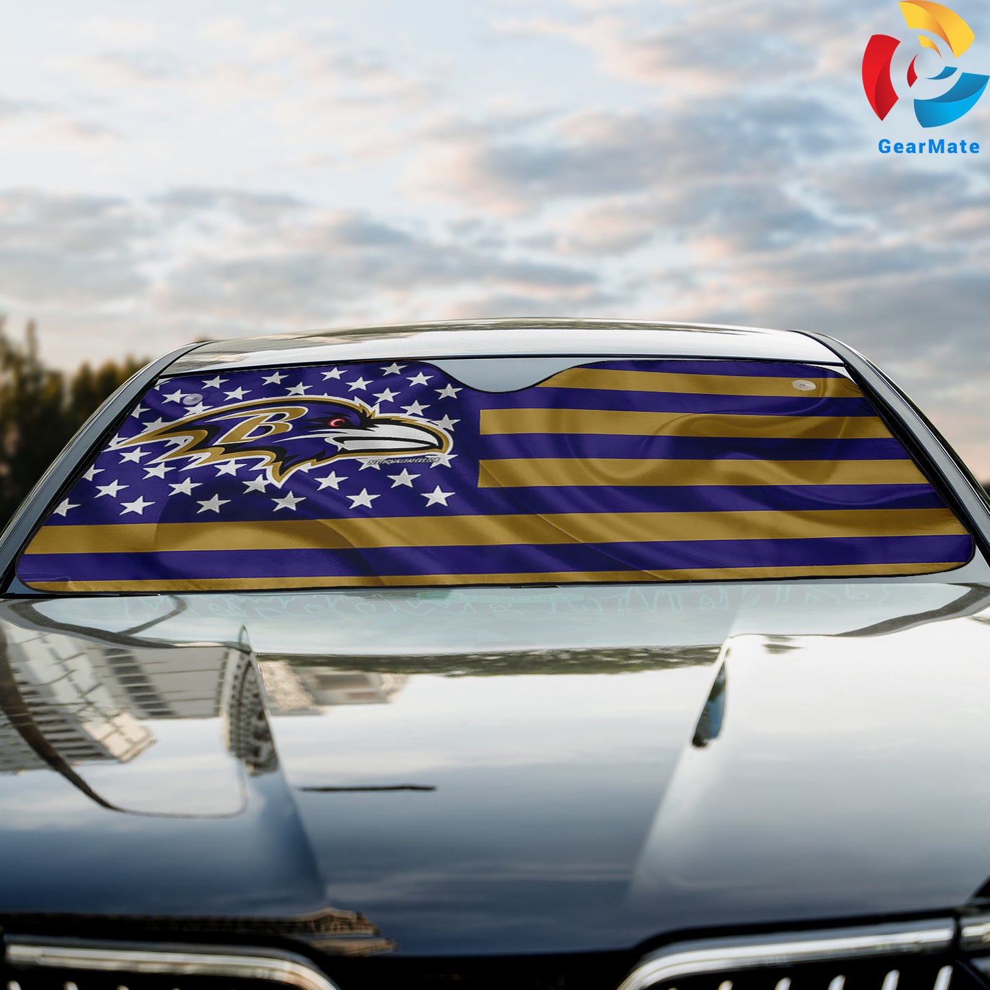 Baltimore Ravens NFL Football American Flag Reflective Car Sunshade – Premium Heat & UV Protection, Universal Fit