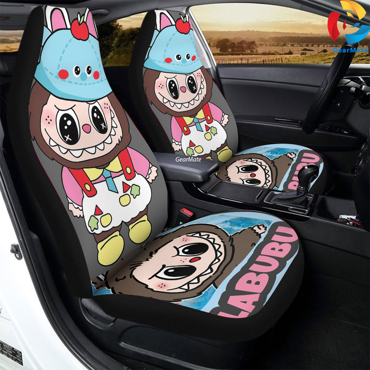 Labubu Wearing Hat Car Seat Covers – High Quality Graphic and Polar Fleece Protector Set