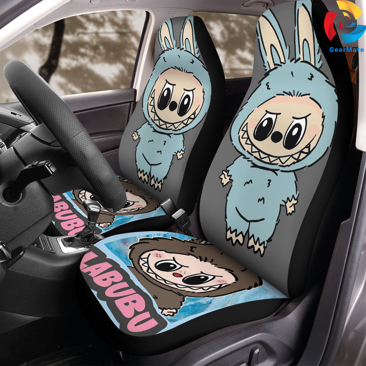 Labubu Light Blue Car Seat Covers – High Quality Graphic and Polar Fleece Protector Set