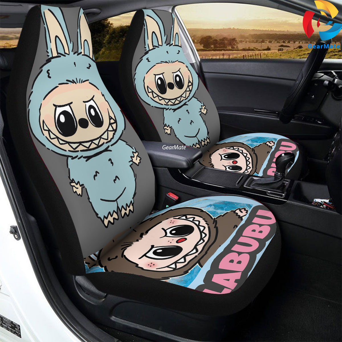 Labubu Light Blue Car Seat Covers – High Quality Graphic and Polar Fleece Protector Set