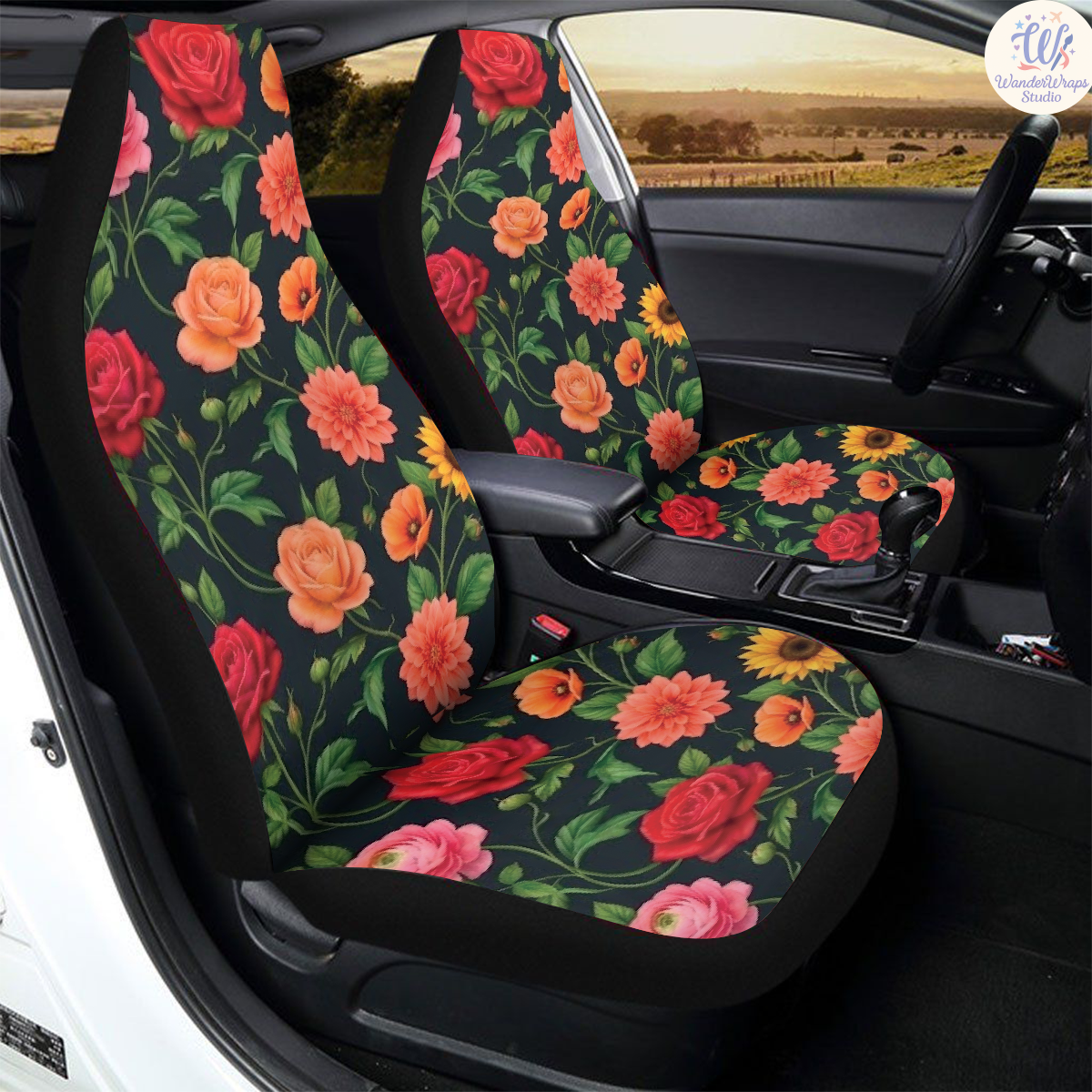 Dark Botanical Floral Car Seat Covers – High Quality Graphic and Polar Fleece Protector Set