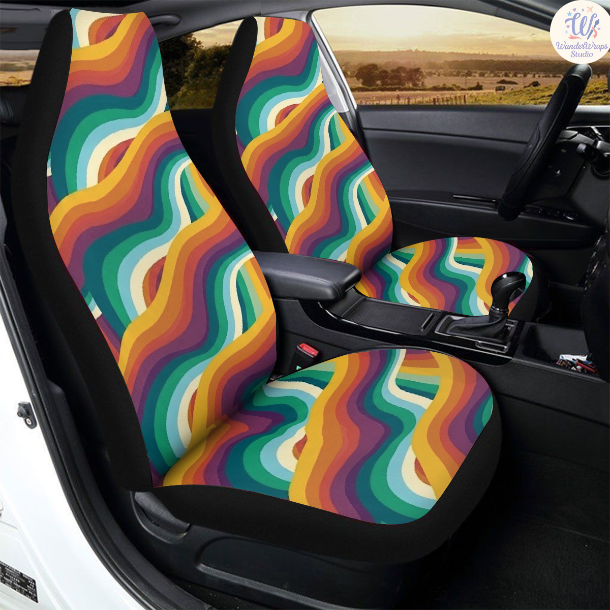 Retro Curved Rainbow Stripes Car Seat Covers – High Quality Graphic and Polar Fleece Protector Set