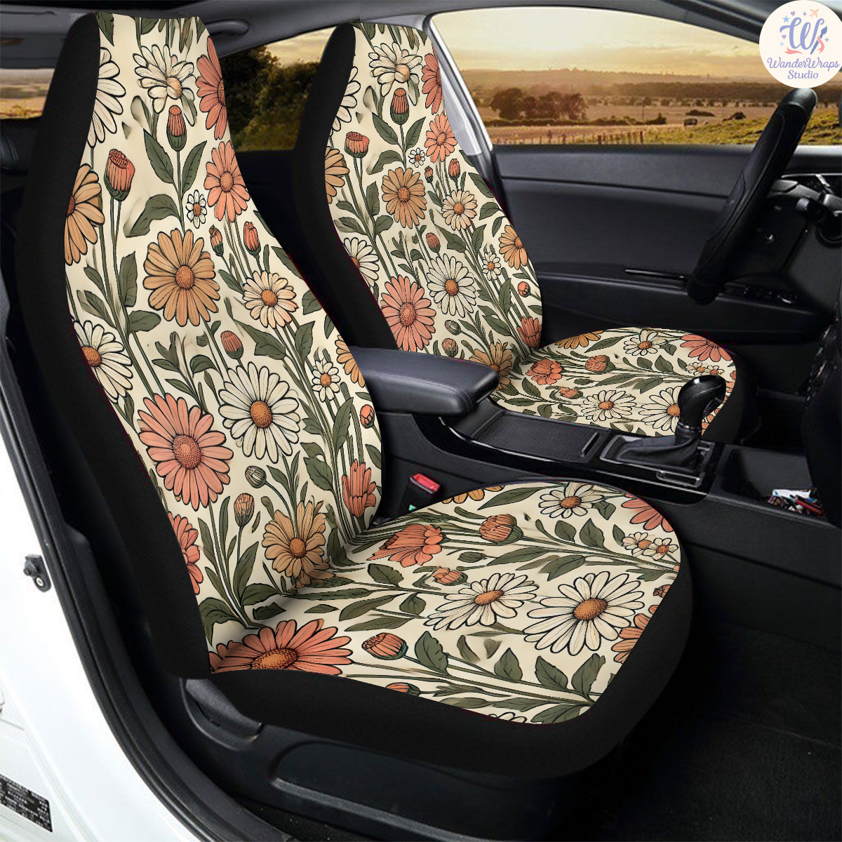 Retro Daisy Patterns Car Seat Covers – High Quality Graphic and Polar Fleece Protector Set