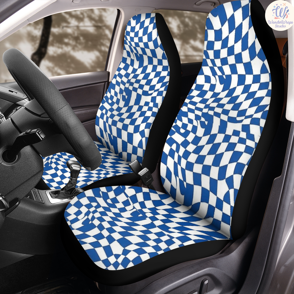 Blue Checkered Board Car Seat Covers – High Quality Graphic and Polar Fleece Protector Set