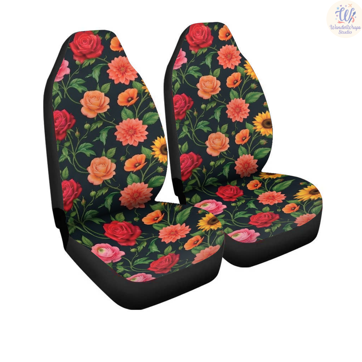 Dark Botanical Floral Car Seat Covers – High Quality Graphic and Polar Fleece Protector Set