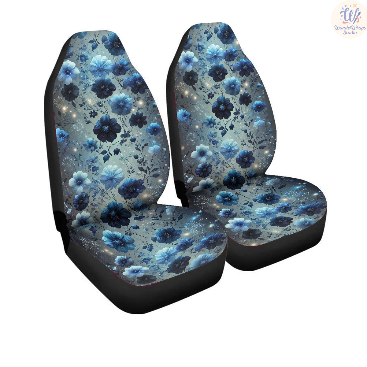 Dark Blue Flowers Car Seat Covers – High Quality Graphic and Polar Fleece Protector Set
