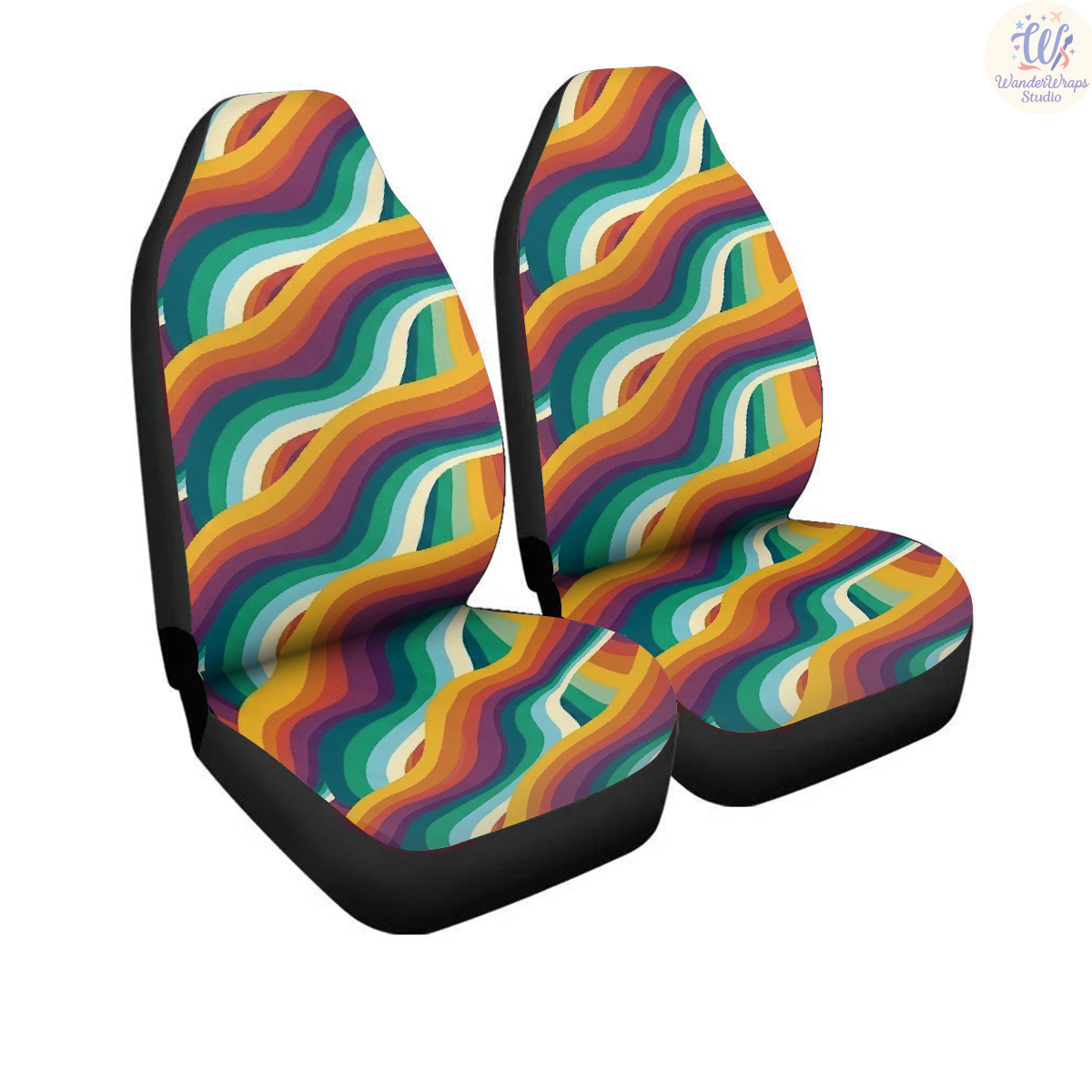 Retro Curved Rainbow Stripes Car Seat Covers – High Quality Graphic and Polar Fleece Protector Set