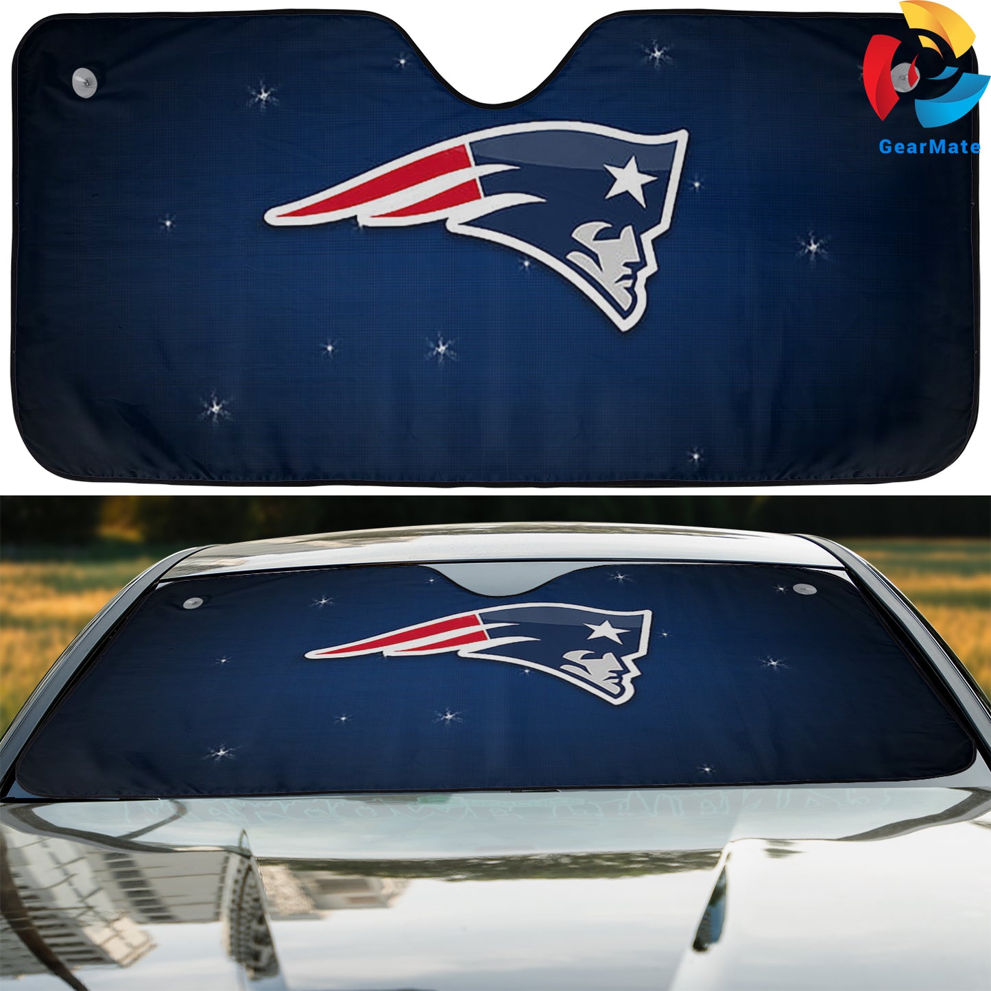 New England Patriots NFL Football Blue Background Car Cover Reflective Car Sunshade – Premium Heat & UV Protection, Universal Fit