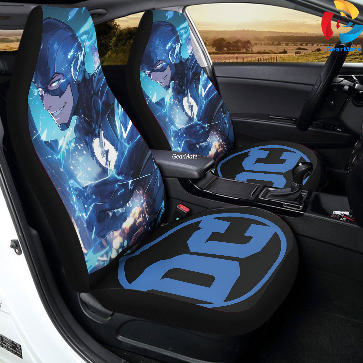 DC Blue Flash Smiling Car Seat Covers – High Quality Graphic and Polar Fleece Protector Set