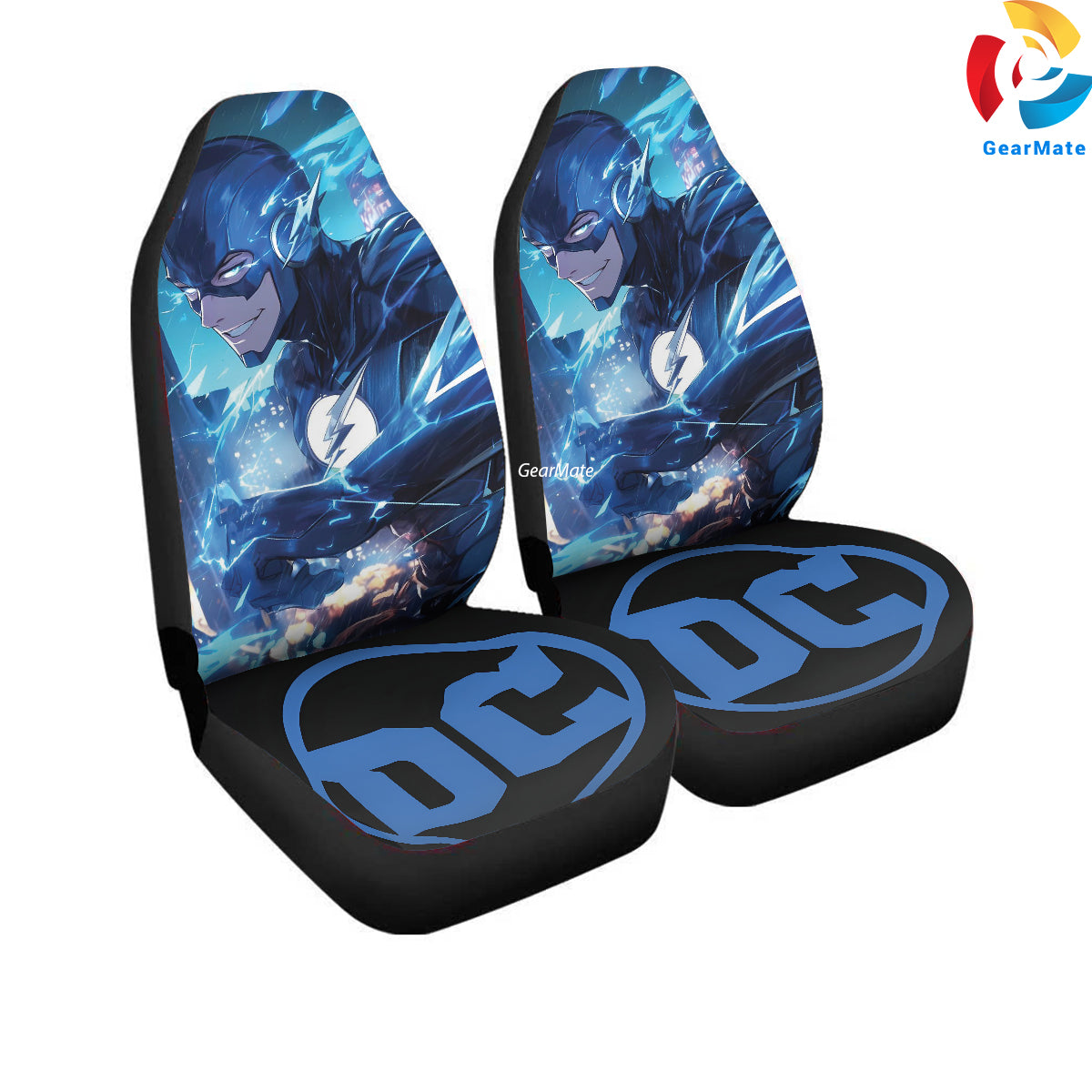 DC Blue Flash Smiling Car Seat Covers – High Quality Graphic and Polar Fleece Protector Set