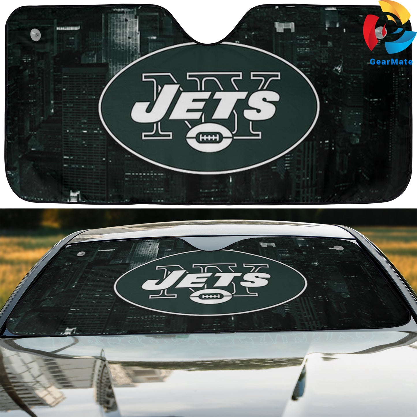 New York Jets NFL Football City Car Cover Reflective Car Sunshade – Premium Heat & UV Protection, Universal Fit