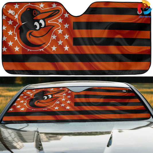 Baltimore Orioles American Flag Reflective Car Sunshade – Premium Heat & UV Protection, Universal Fit