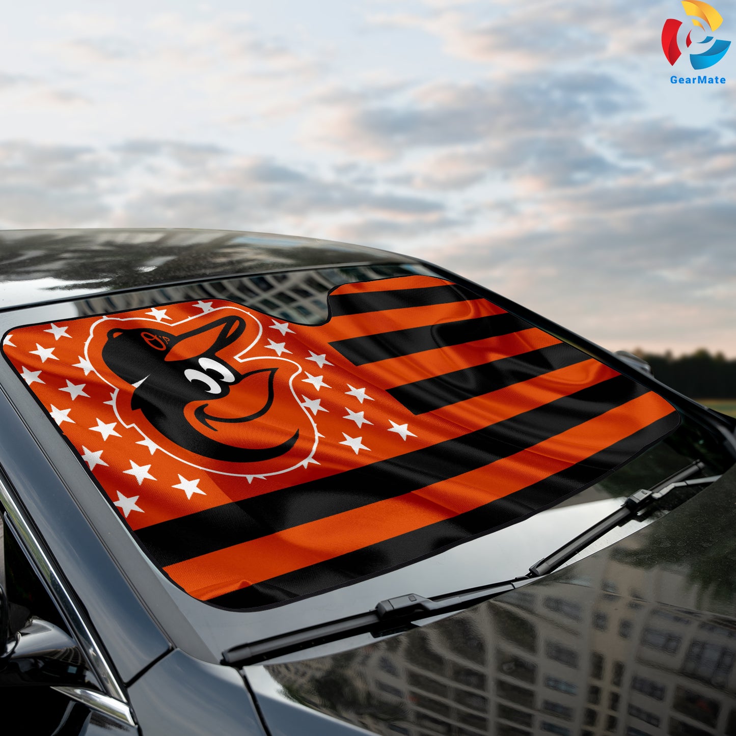 Baltimore Orioles American Flag Reflective Car Sunshade – Premium Heat & UV Protection, Universal Fit