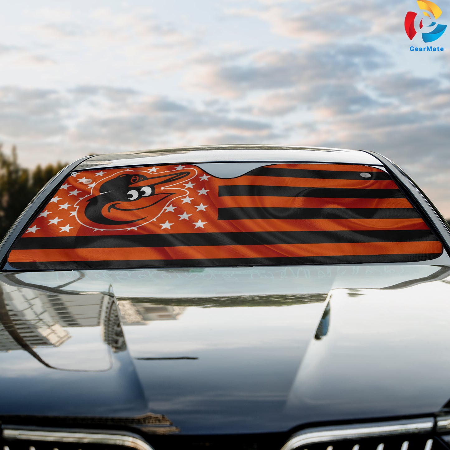 Baltimore Orioles American Flag Reflective Car Sunshade – Premium Heat & UV Protection, Universal Fit