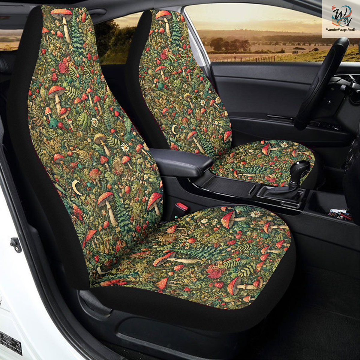 Green Colorful Mushroom Car Seat Covers – High Quality Graphic and Polar Fleece Protector Set