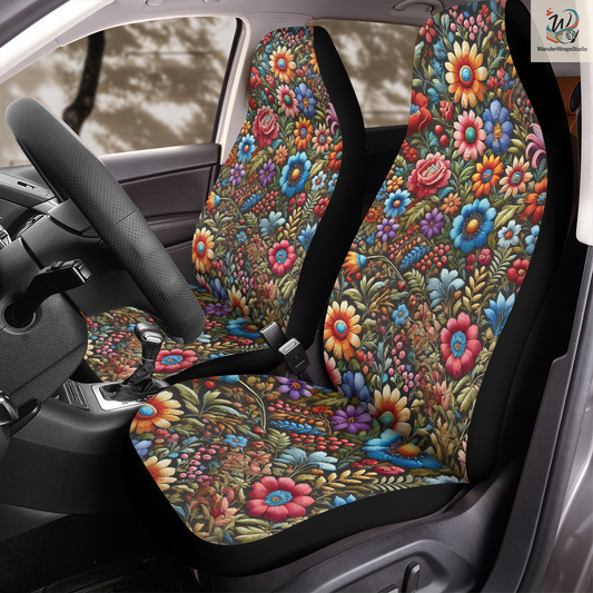 Colorful Wildflowers Faux Embriodery Car Seat Covers – High Quality Graphic and Polar Fleece Protector Set