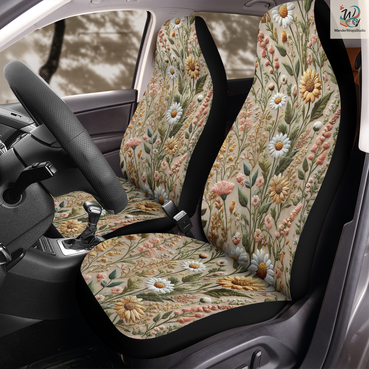 Wildflowers Faux Embriodery Car Seat Covers – High Quality Graphic and Polar Fleece Protector Set