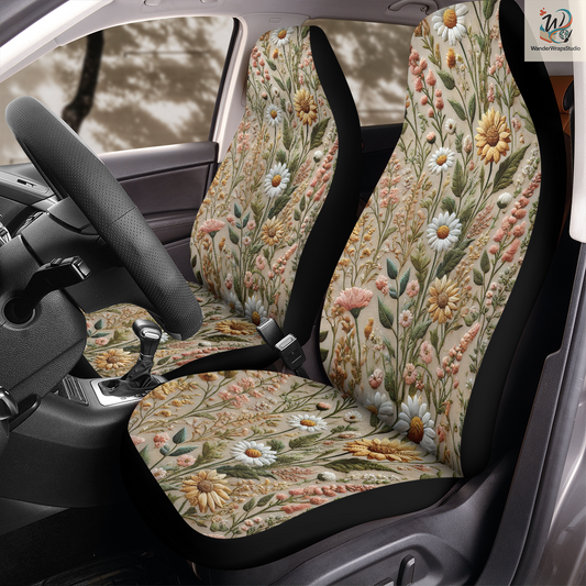 Wildflowers Faux Embriodery Car Seat Covers – High Quality Graphic and Polar Fleece Protector Set
