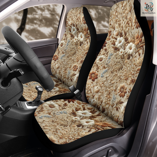 Flowers and Leaves Faux Embriodery Car Seat Covers – High Quality Graphic and Polar Fleece Protector Set