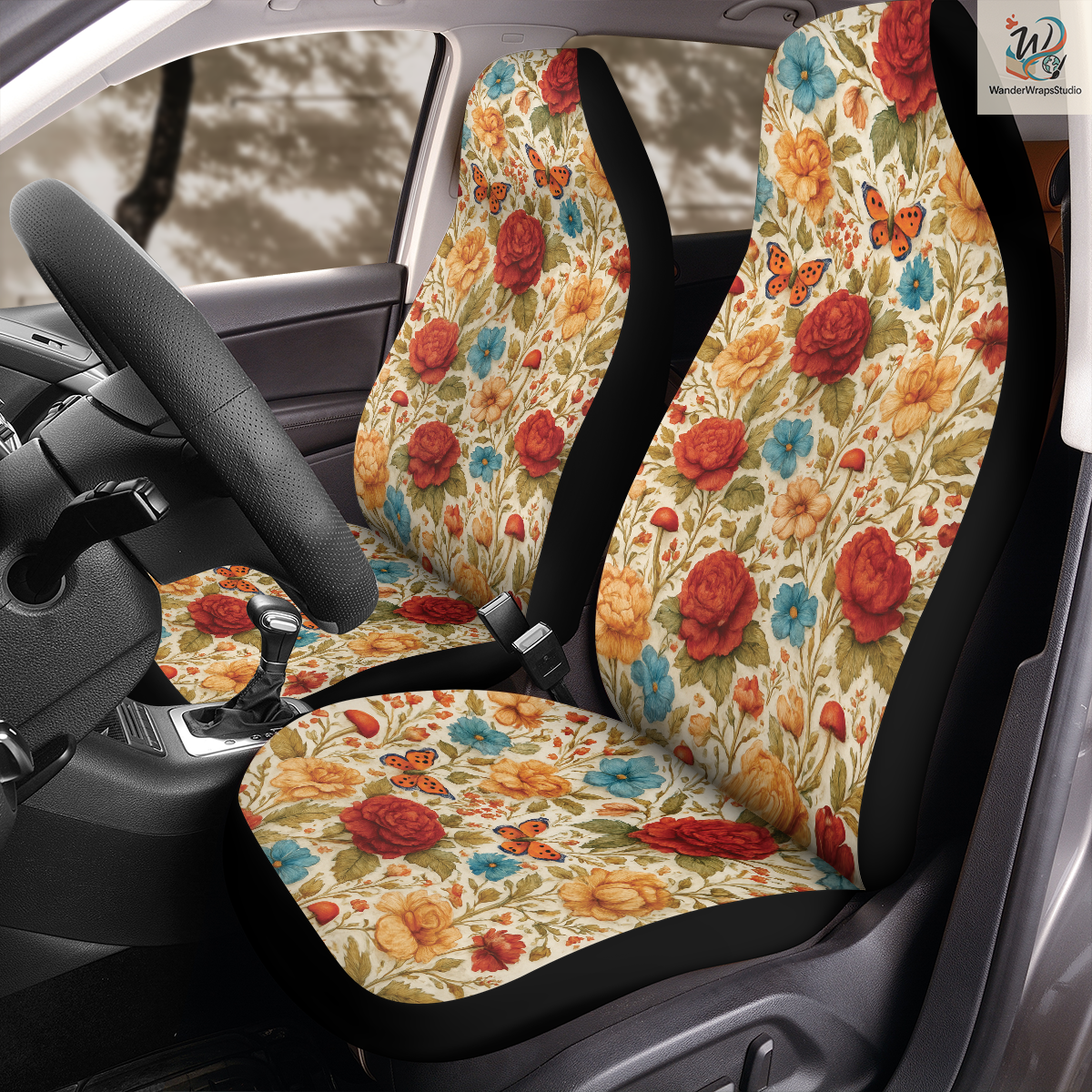 Vibrant Flowers Faux Embriodery Car Seat Covers – High Quality Graphic and Polar Fleece Protector Set