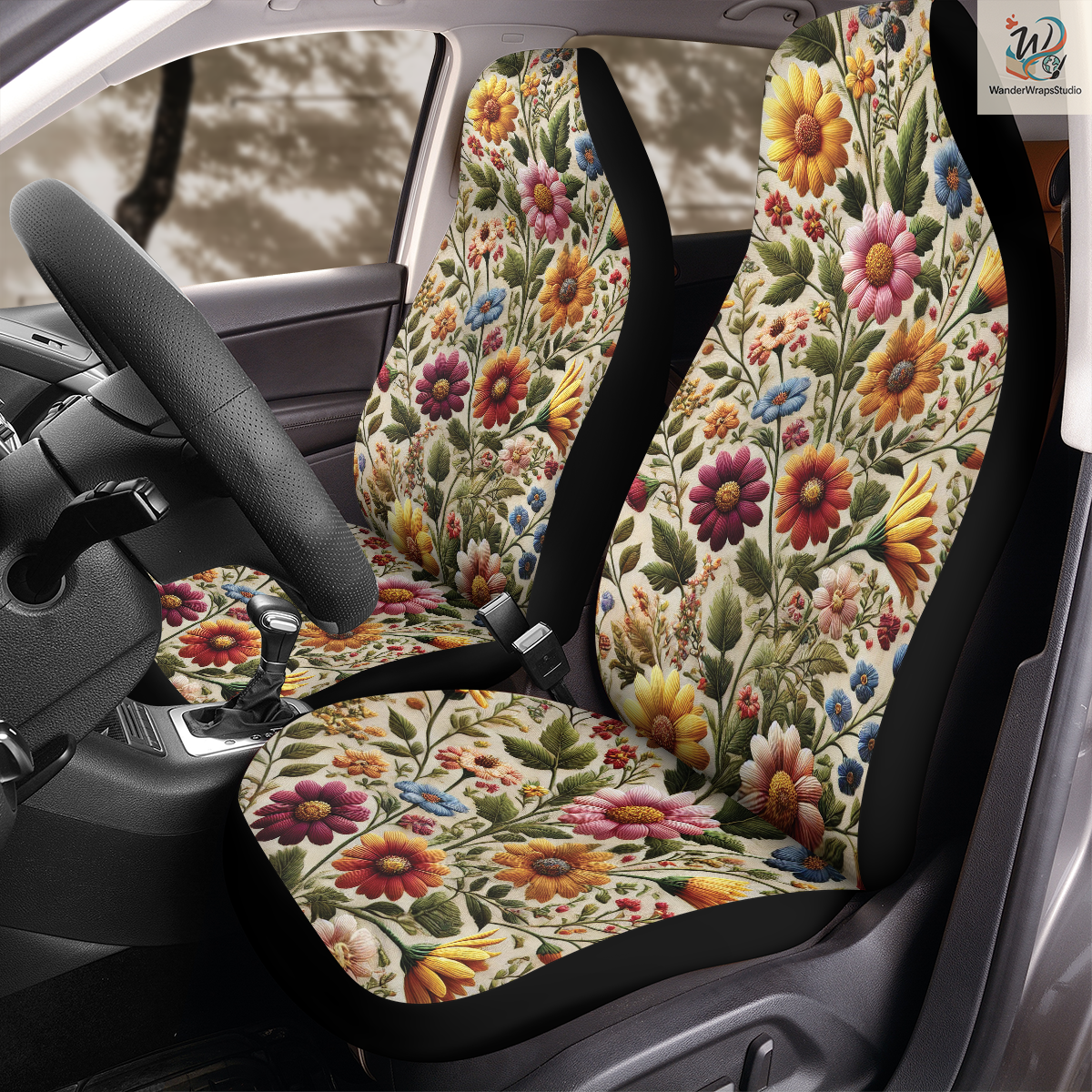 Wildflowers Faux Embriodery 3 Car Seat Covers – High Quality Graphic and Polar Fleece Protector Set