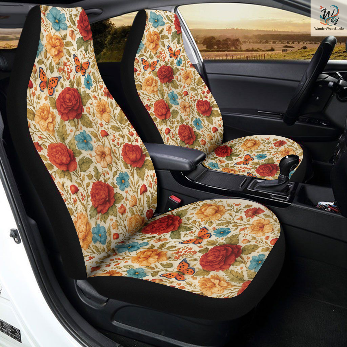 Vibrant Flowers Faux Embriodery Car Seat Covers – High Quality Graphic and Polar Fleece Protector Set
