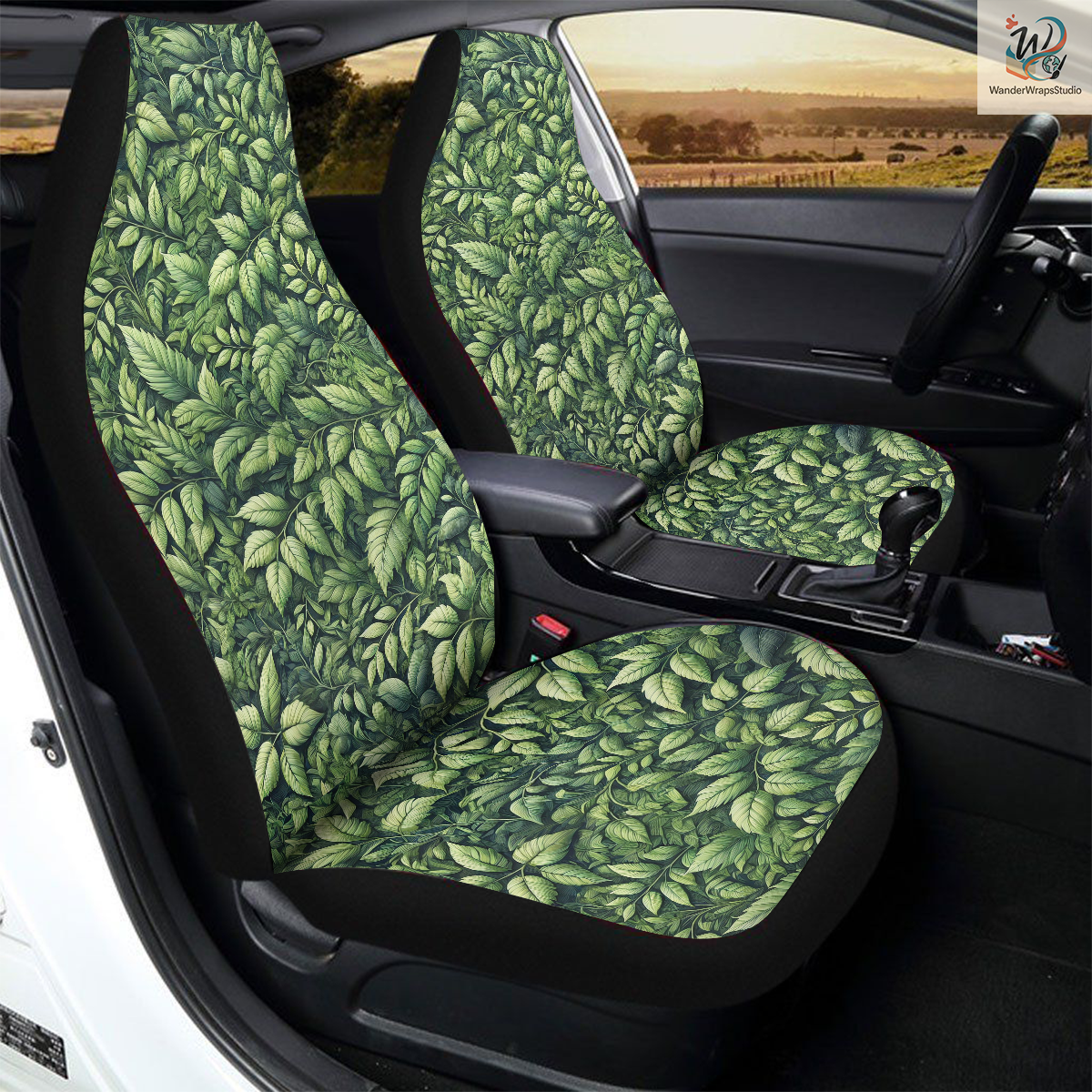 Green Leaves Pattern Car Seat Covers – High Quality Graphic and Polar Fleece Protector Set