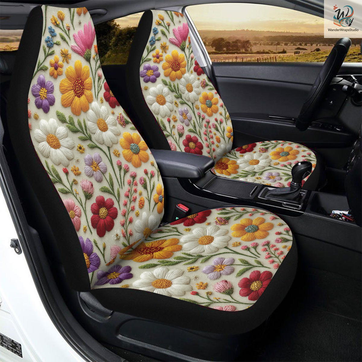 Wildflowers Faux Embriodery 2 Car Seat Covers – High Quality Graphic and Polar Fleece Protector Set