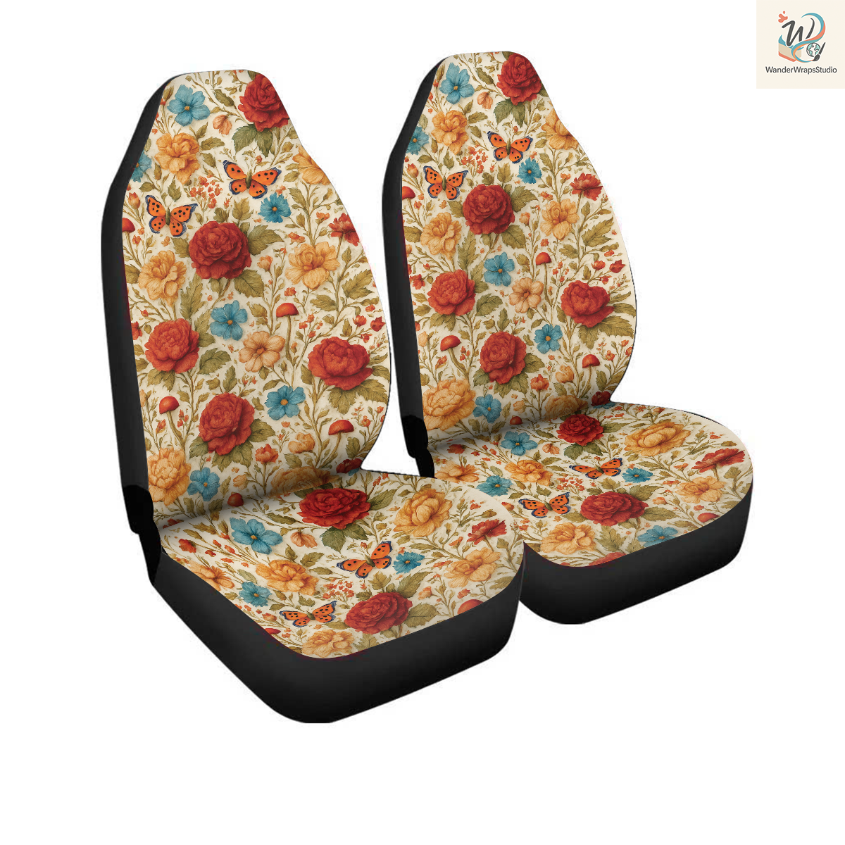 Vibrant Flowers Faux Embriodery Car Seat Covers – High Quality Graphic and Polar Fleece Protector Set
