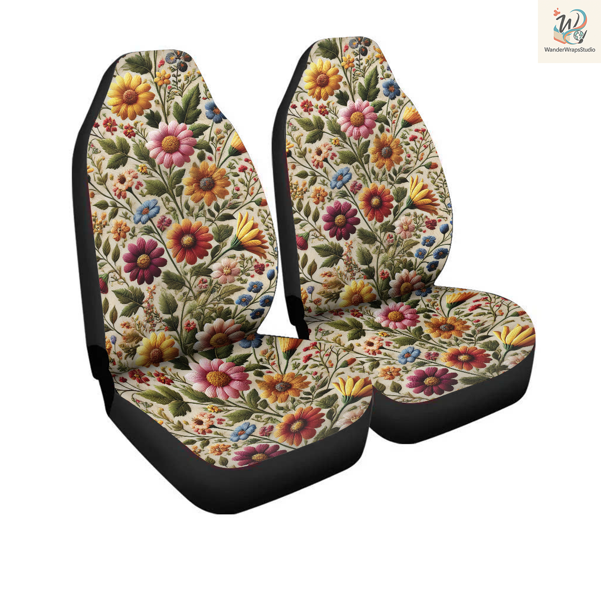 Wildflowers Faux Embriodery 3 Car Seat Covers – High Quality Graphic and Polar Fleece Protector Set